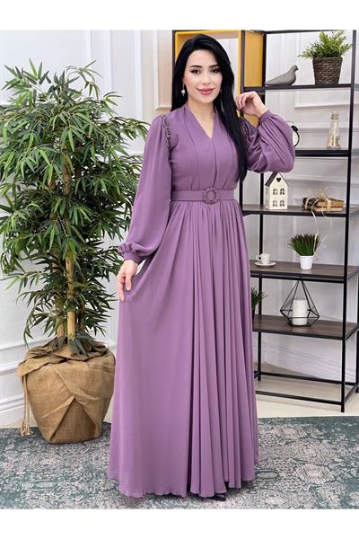 Omuz Sıra Boncuk Şifon Elbise 12328 Leylak