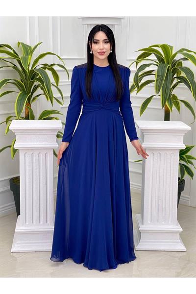 Omuz Taş Şifon Elbise 12383 Saks