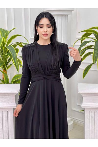 Omuz Taş Şifon Elbise 12383 Siyah