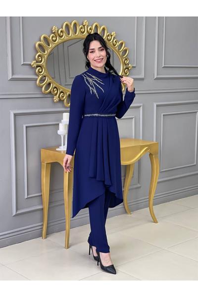 Omuz Taşlı Tunik Takım 4725 Saks