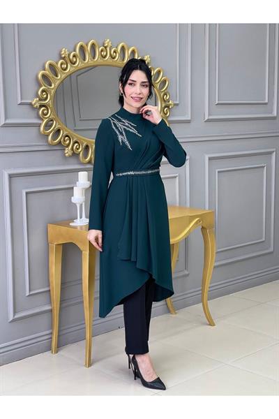 Omuz Taşlı Tunik Takım 4725 Zümrüt Yeşil