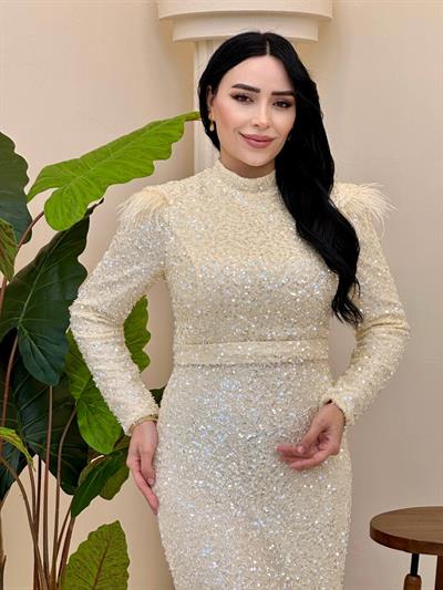 Omuz Tüylü Pullu Abiye 4762 T-25 Ekru