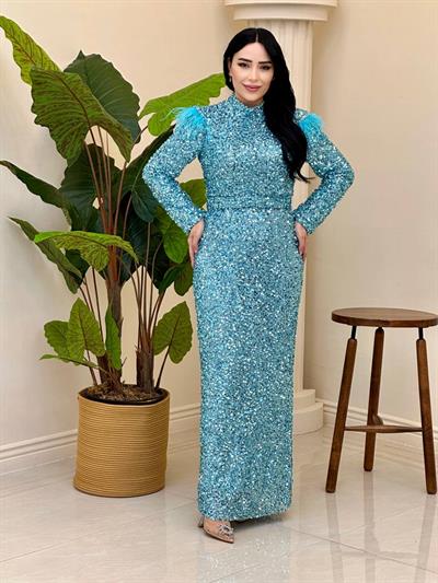 Omuz Tüylü Pullu Abiye 4762 T-25 Mavi