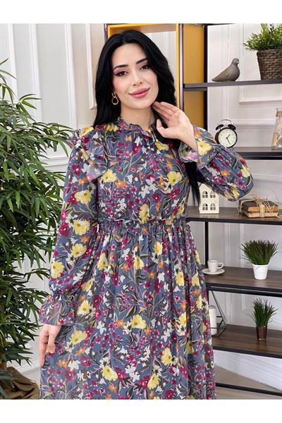 Omuz Volanlı Elbise 12241 İndigo Mavi