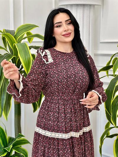 Omuzu Fır Fır Desenli Şifon Elbise 4603 t-24 Siyah