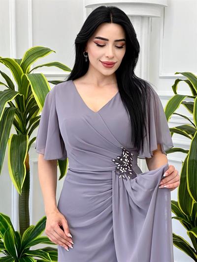 Omuzu Tül Drapeli Şifon Abiye 2126 t-24 Gri