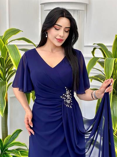 Omuzu Tül Drapeli Şifon Abiye 2126 t-24 Lacivert