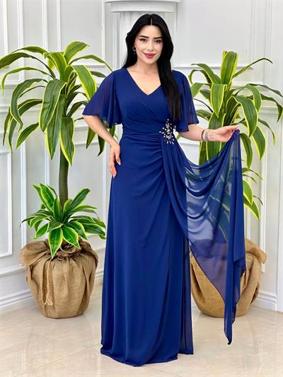 Omuzu Tül Drapeli Şifon Abiye 2126 t-24 Saks