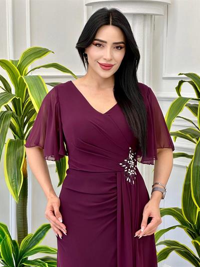 Omuzu Tül Drapeli Şifon Abiye 2126 t-24 Mor