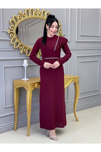 Omzu Fırfır Elbise 599 Bordo