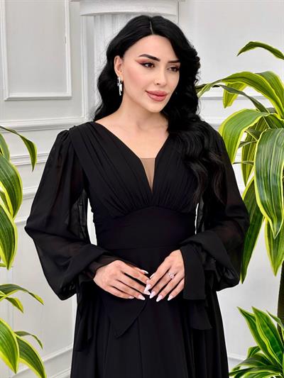 Ön Arka V Yaka Şifon Abiye1519 T-24 Siyah