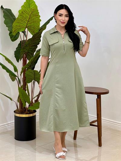 Önden Fermuarlı Midi Boy Elbise 5249 T-25 Haki