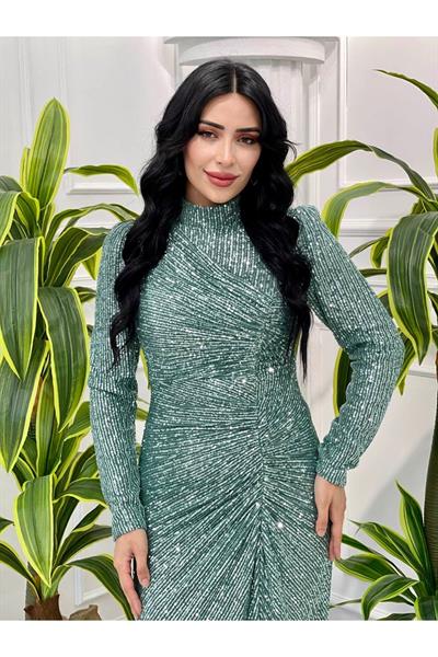 Önü Drape Payet Elbise 4258 Mint yeşili