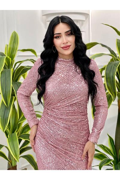 Önü Drape Payet Elbise 4258 Pudra
