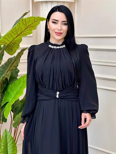 Önü Drape Şifon Elbise 4801 t-24 Siyah