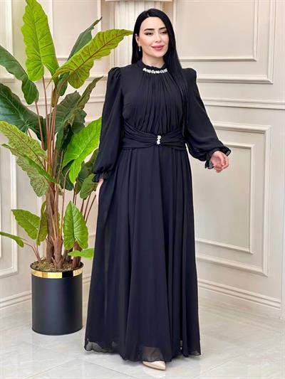 Önü Drape Şifon Elbise 4801 t-24 Siyah