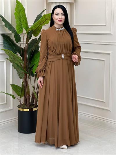 Önü Drape Şifon Elbise 4801 t-24 Taba