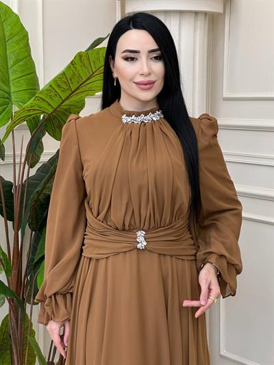 Önü Drape Şifon Elbise 4801 t-24 Taba