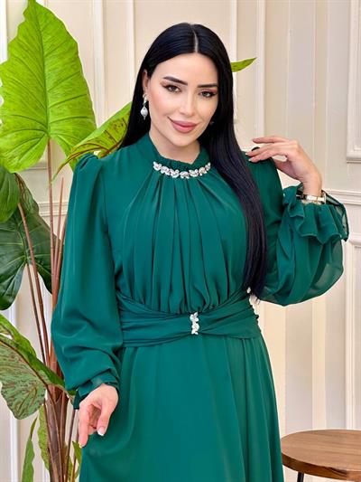 Önü Drape Şifon Elbise 4801 t-24 Zümrüt Yeşil