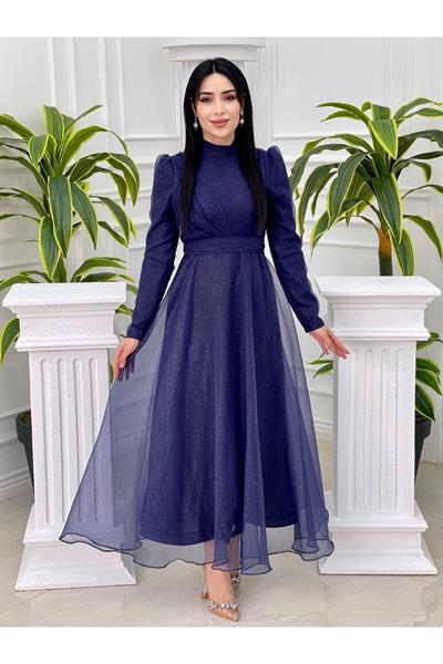 Önü Drape Simli Tül Elbise 4279 Lacivert