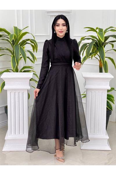 Önü Drape Simli Tül Elbise 4279 Siyah