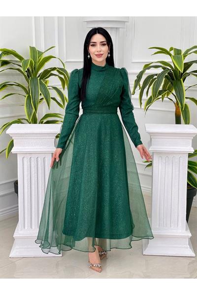 Önü Drape Simli Tül Elbise 4279 Yeşil