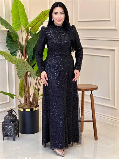 Önü Düğme Payet işleme Abiye 4927 A025 Siyah