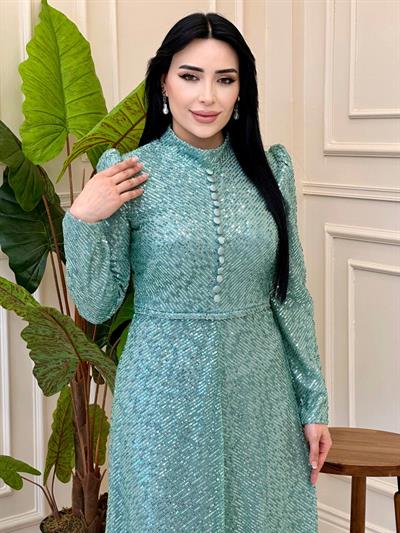Önü Düğme Payet işleme Abiye 4927 A025 Mint yeşili