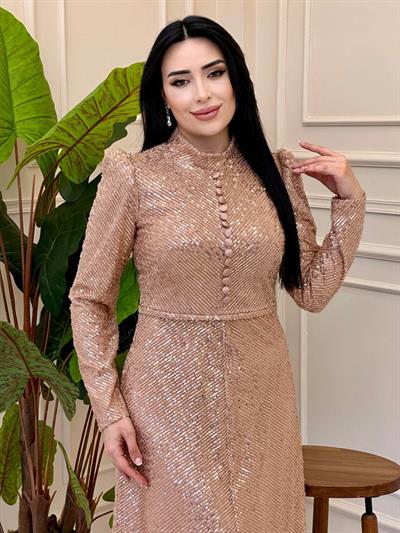 Önü Düğme Payet işleme Abiye 4927 A025 Gold