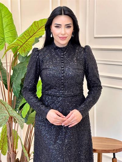 Önü Düğme Payet işleme Abiye 4927 A025 Siyah