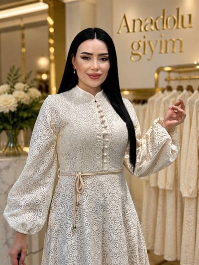 Önü DÜğmeli Dantel Elbise 35091 T-26 Ekru