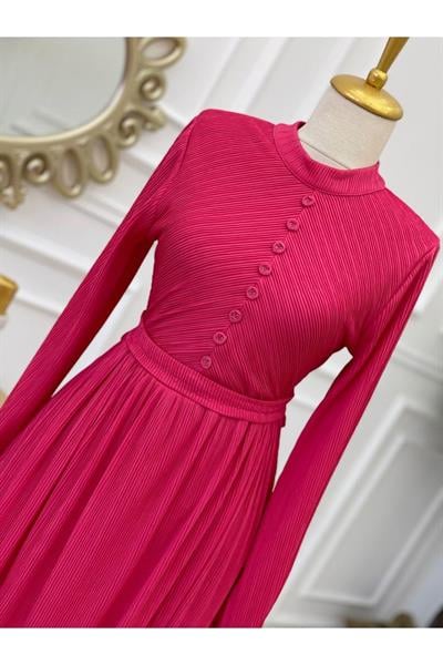 Önü Düğmeli Elbise 1229 pembe