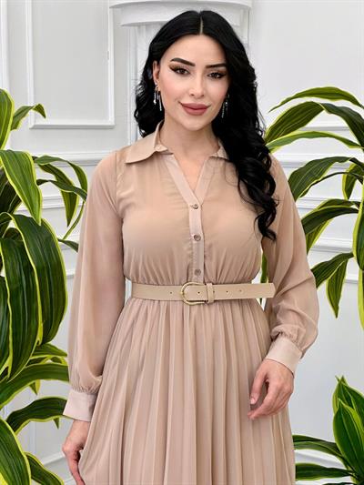 Önü Düğmeli Piliseli Şifon Elbise 1615 T-24 Bej