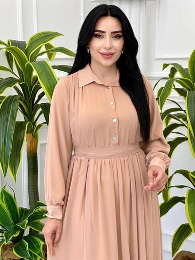 Önü Düğmeli Şifon Elbise 1004 t-24 Bej