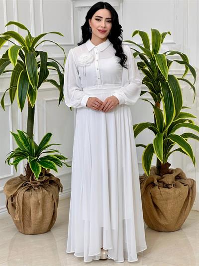 Önü Düğmeli Şifon Elbise 1535 T-24 Beyaz