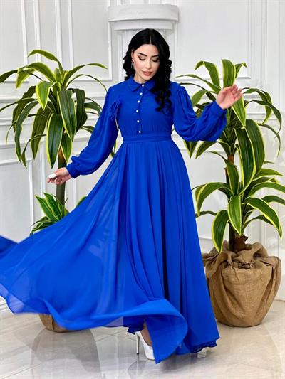 Önü Düğmeli Şifon Elbise 1535 T-24 Mavi
