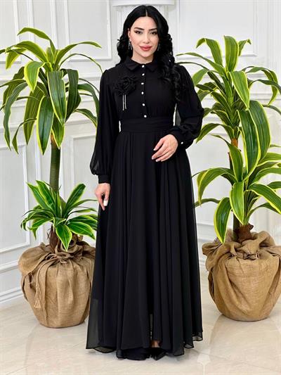 Önü Düğmeli Şifon Elbise 1535 T-24 Siyah