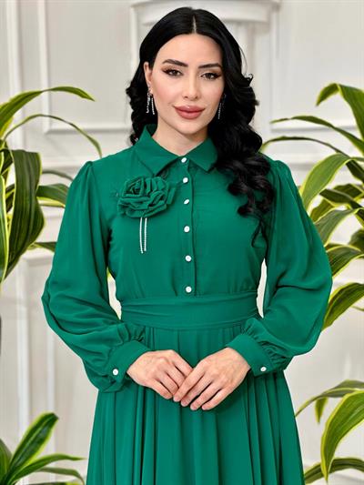 Önü Düğmeli Şifon Elbise 1535 T-24 Yeşil