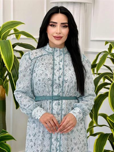 Önü Düğmeli Şifon Elbise 4583 t-24 Mint yeşili