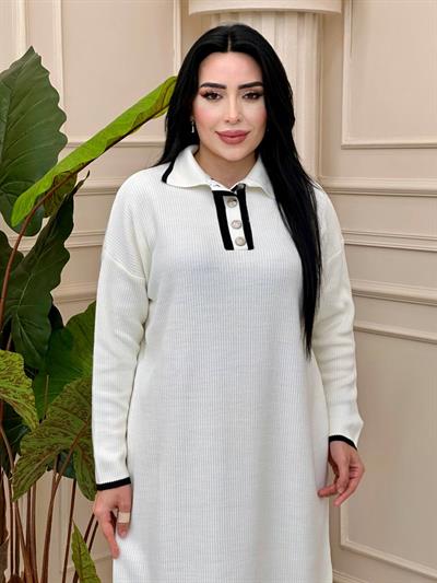 Önü Düğmeli Triko Elbise 3077 t-24 Ekru