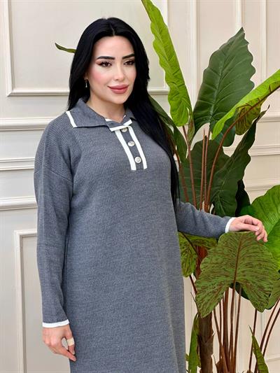 Önü Düğmeli Triko Elbise 3077 t-24 Gri