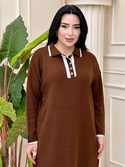 Önü Düğmeli Triko Elbise 3077 t-24 Kahverengi