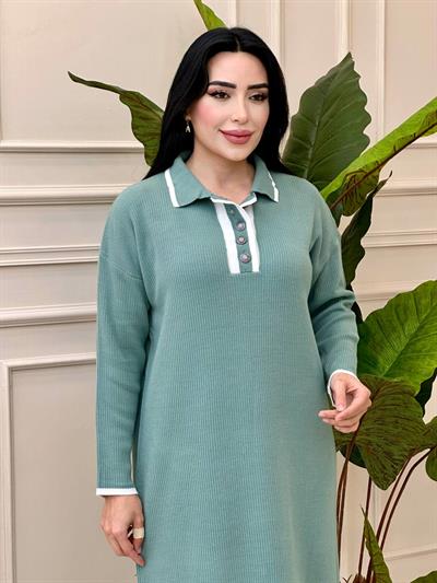Önü Düğmeli Triko Elbise 3077 t-24 Mint yeşili
