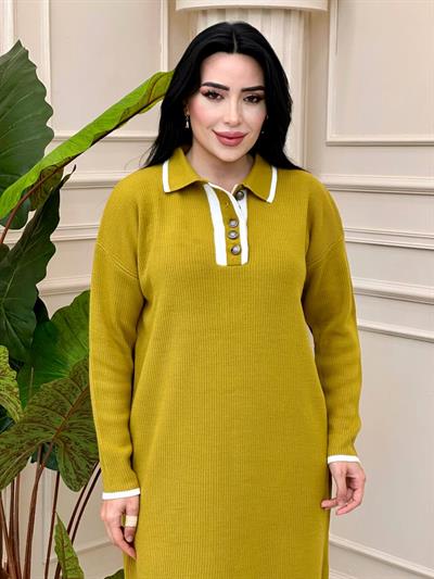 Önü Düğmeli Triko Elbise 3077 t-24 Yağ Yeşili