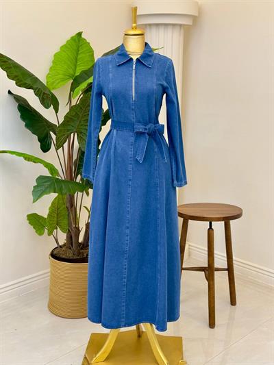 Önü Fermuar Denim Elbise 1533 T-26 Kot