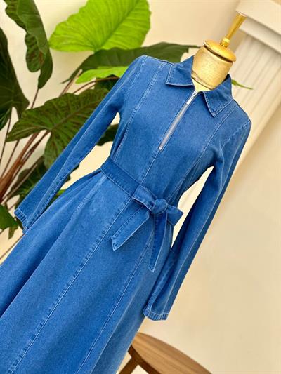 Önü Fermuar Denim Elbise 1533 T-26 Kot