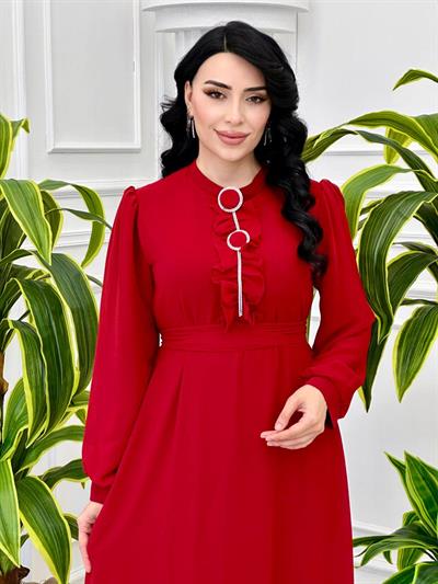 Önü Fır Fır Broşlu Elbise 1651 Kırmızı