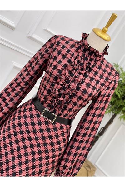 Önü Fırfırlı Kareli Elbise 3755 Rose