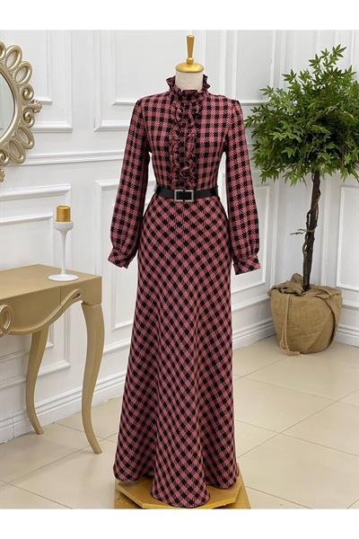 Önü Fırfırlı Kareli Elbise 3755 Rose