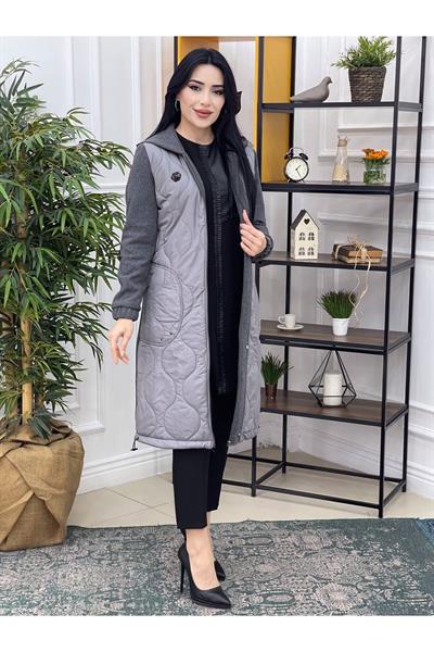 Önü Kum Saati Kaşe Kaban 8144 Gri